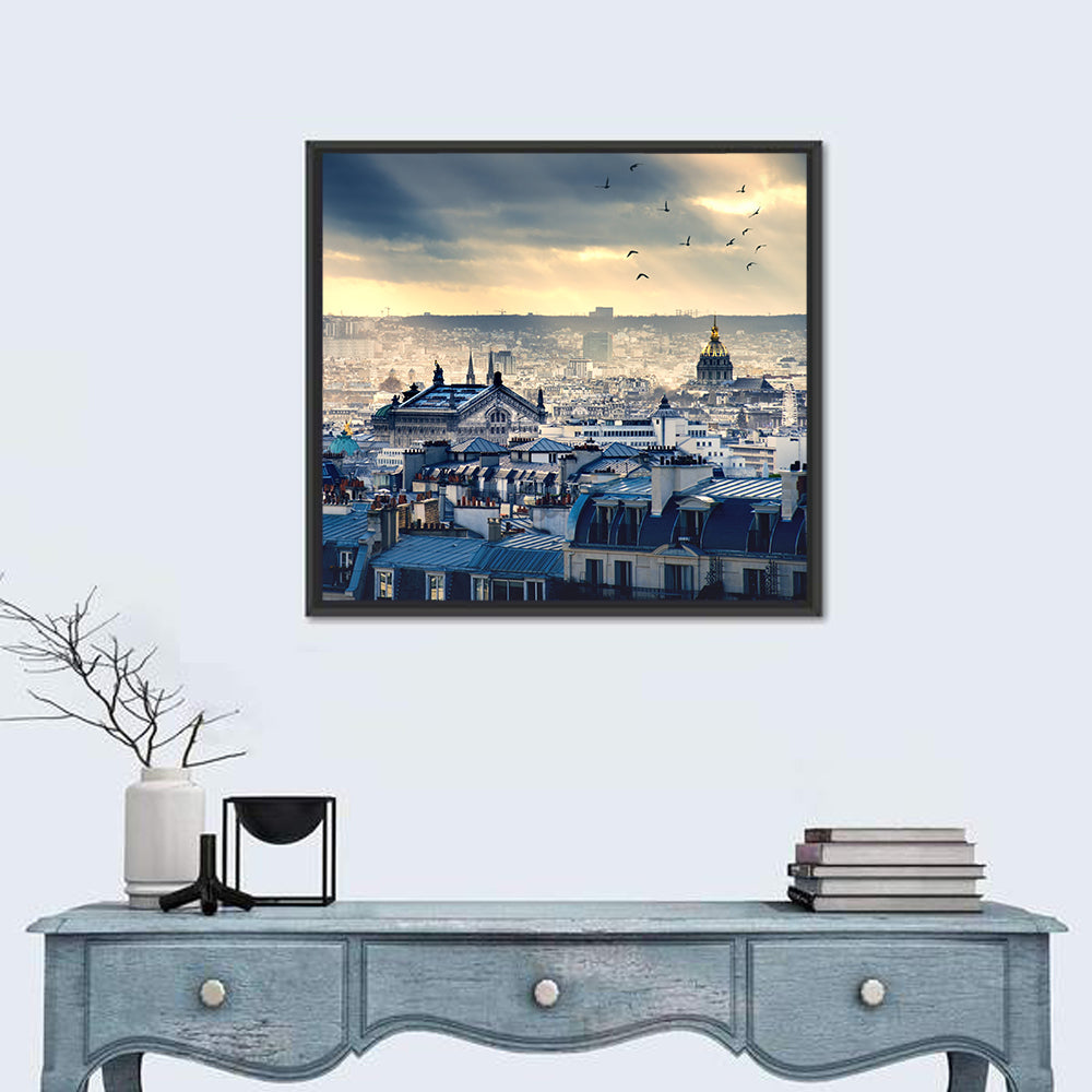 Paris Rooftops Under Dramatic Clouds Wall Art in a room, square