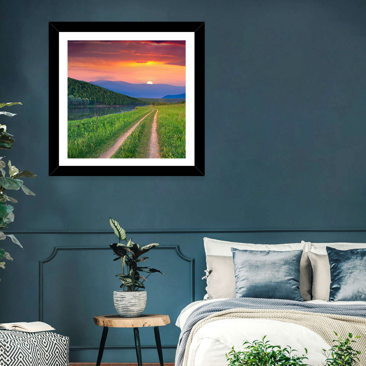 Sunset Path to Mountain Lake Wall Art in a room, square