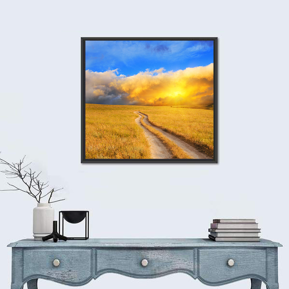 Sunlit Meadow Path with Dramatic Clouds Wall Art in a room, square