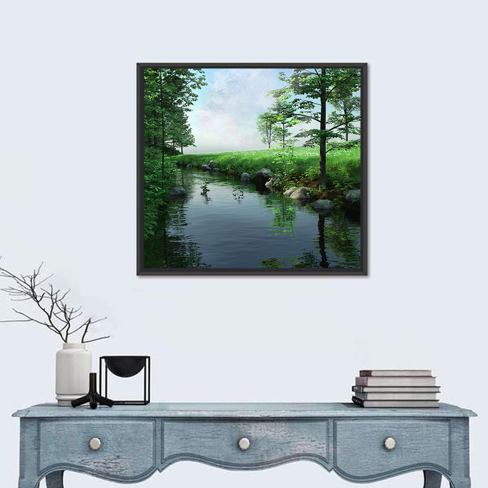 Tranquil Meadow Stream with Wildflowers Wall Art in a room, square