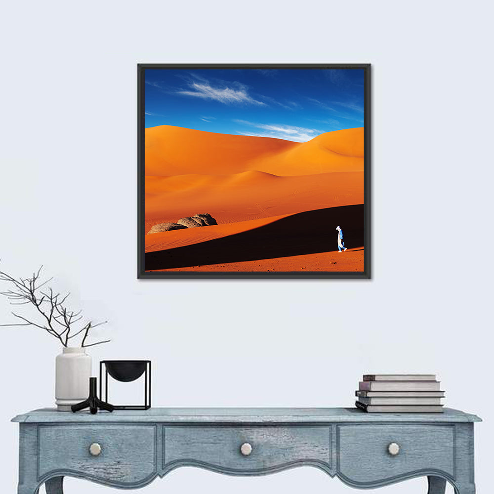 Solitary Figure on Sahara Dunes Wall Art in a room, square