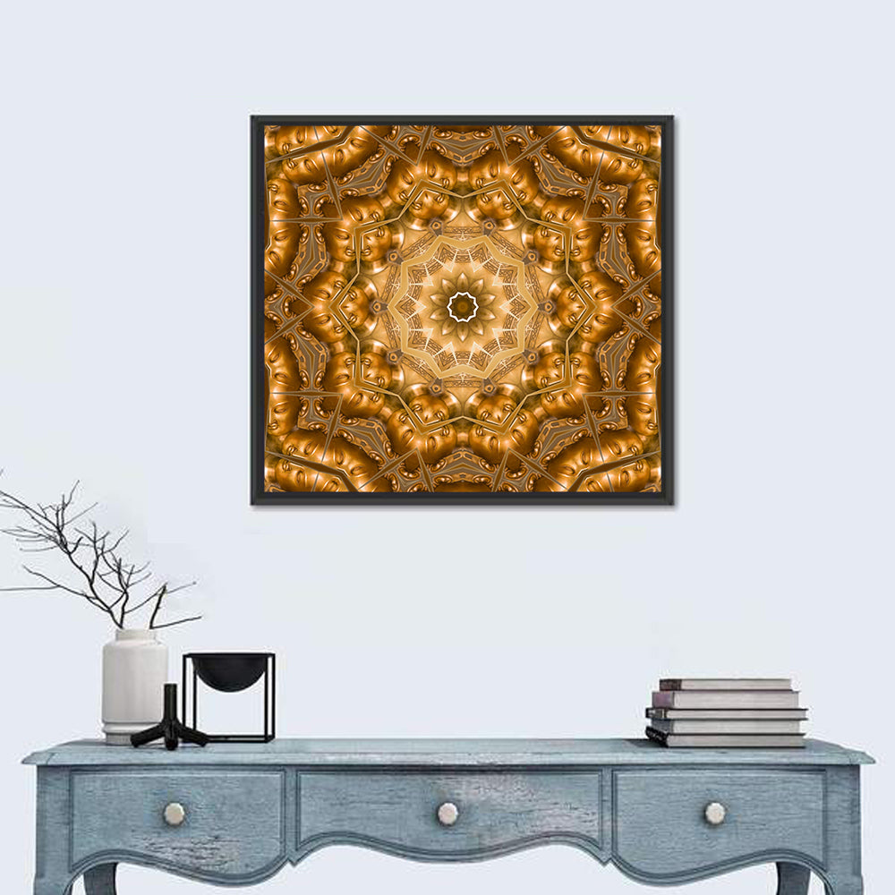 Golden Buddha Mandala Kaleidoscope Pattern Wall Art in a room, square