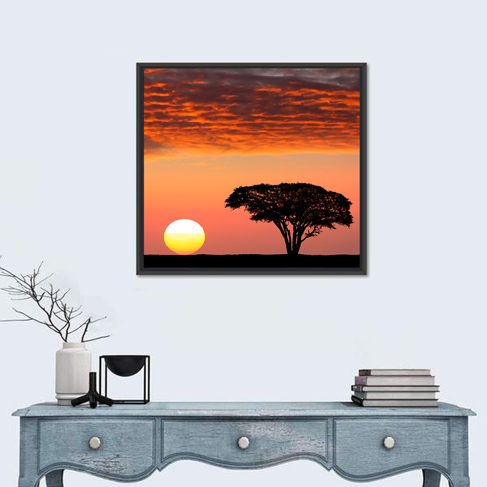 Serengeti Sunset Silhouette Wall Art in a room, square