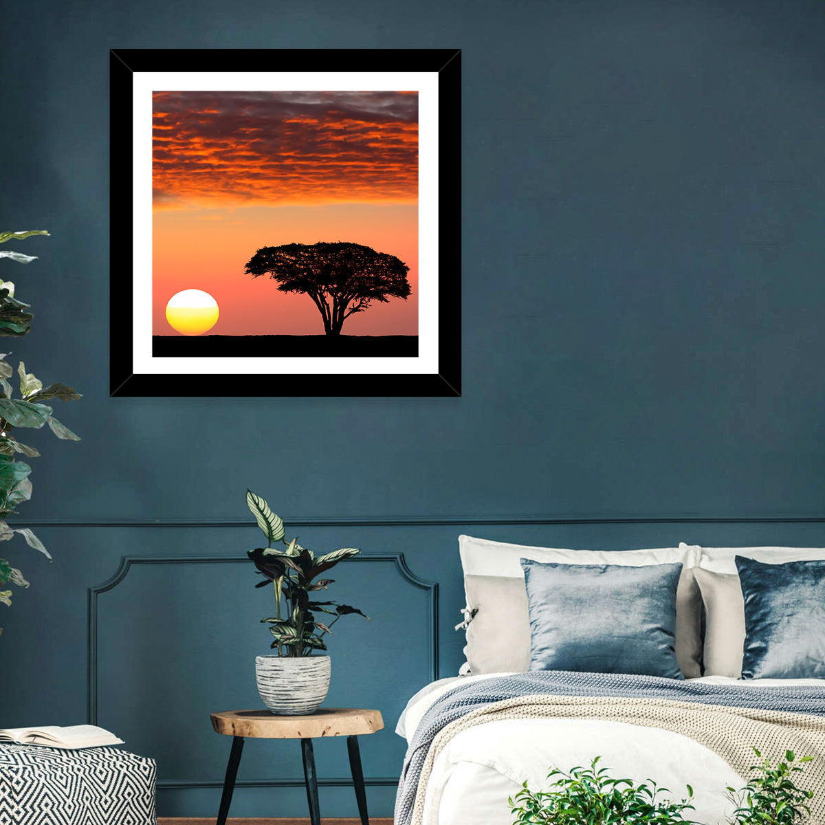 Serengeti Sunset Silhouette Wall Art in a room, square