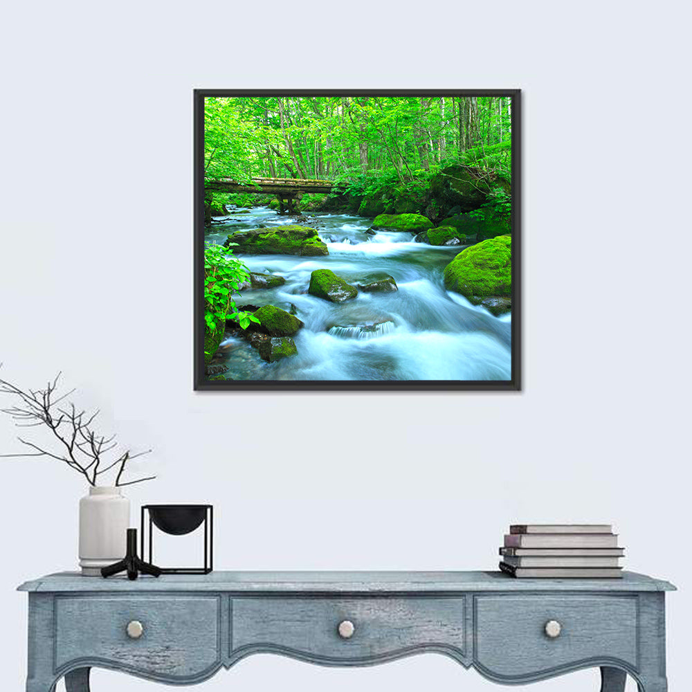 Mossy Forest Stream Wall Art in a room, square