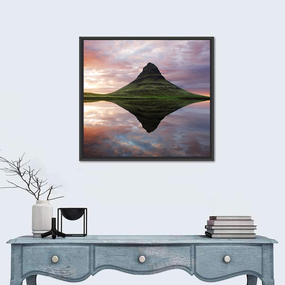 Kirkjufell Sunset Reflection Wall Art in a room, square