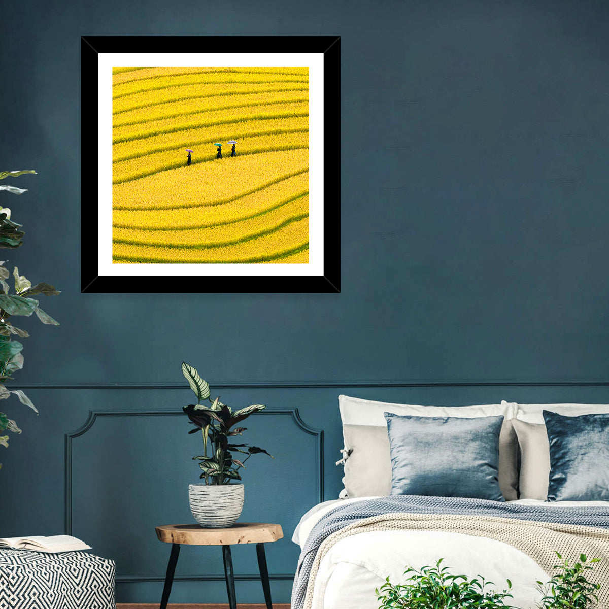 Golden Rice Terraces with Umbrellas Wall Art in a room, square