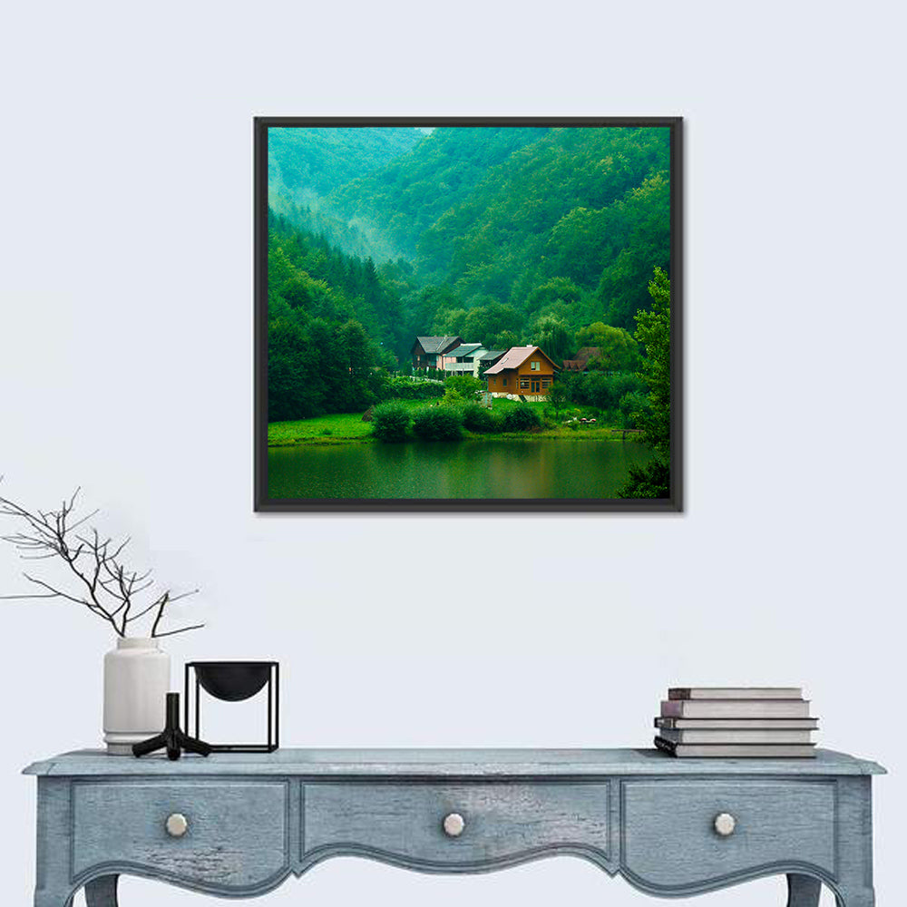 Mist Over Lake Tarnita Wall Art in a room, square
