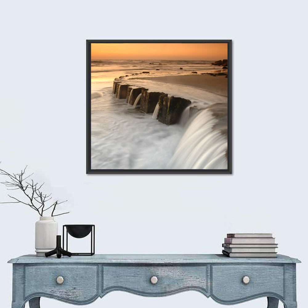 Breakwater at Golden Hour Wall Art in a room, square