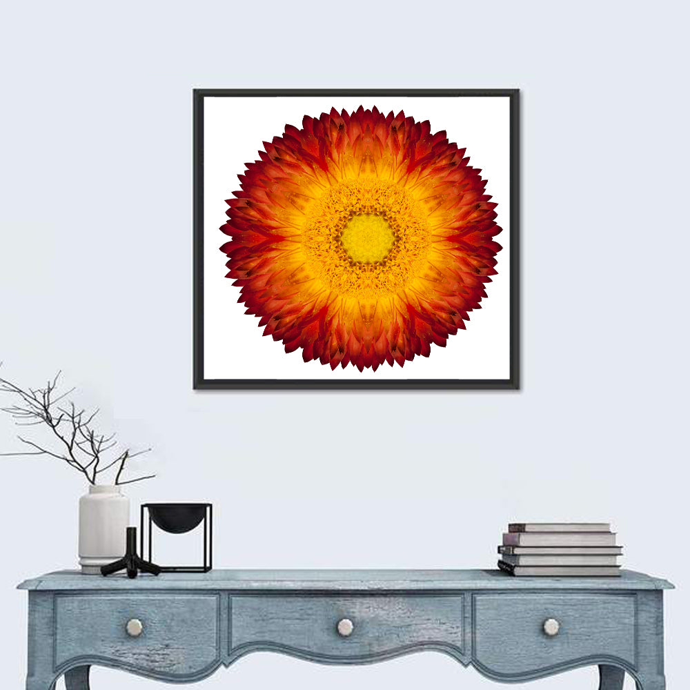 Kaleidoscopic Strawflower Mandala Wall Art in a room, square
