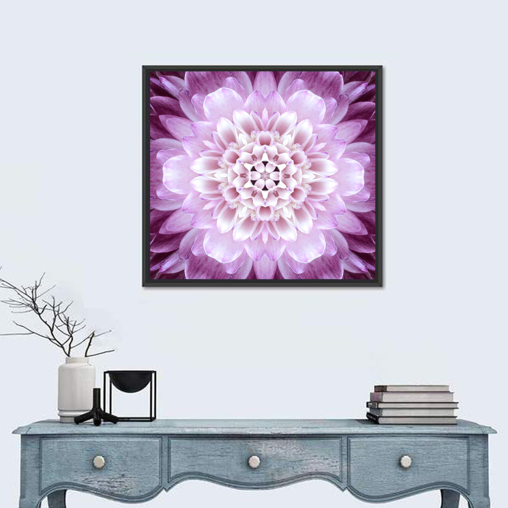 Kaleidoscopic Dahlia Mandala Wall Art in a room, square