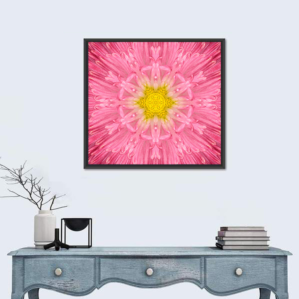 Pink Chrysanthemum Mandala Bloom Wall Art in a room, square