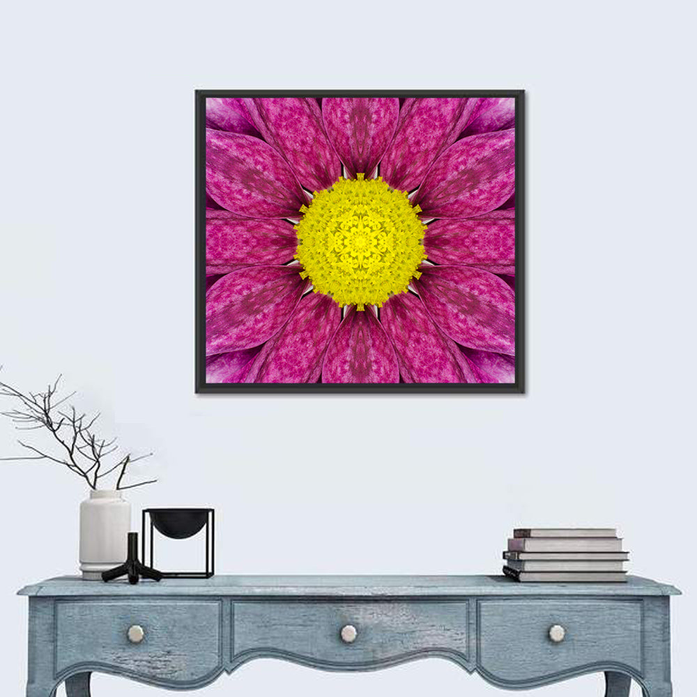 Kaleidoscopic Daisy Mandala Close Up Wall Art in a room, square