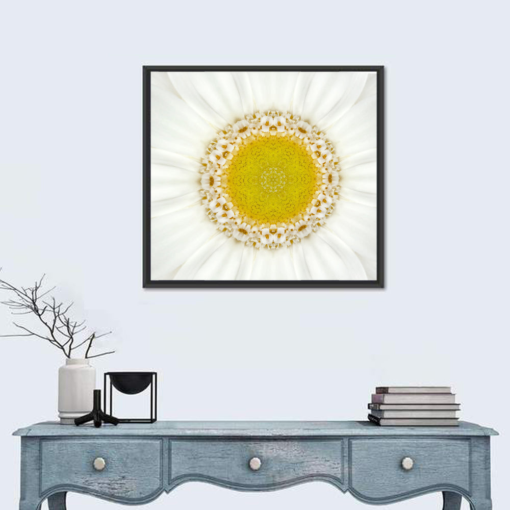 White Flower Mandala Kaleidoscope Wall Art in a room, square