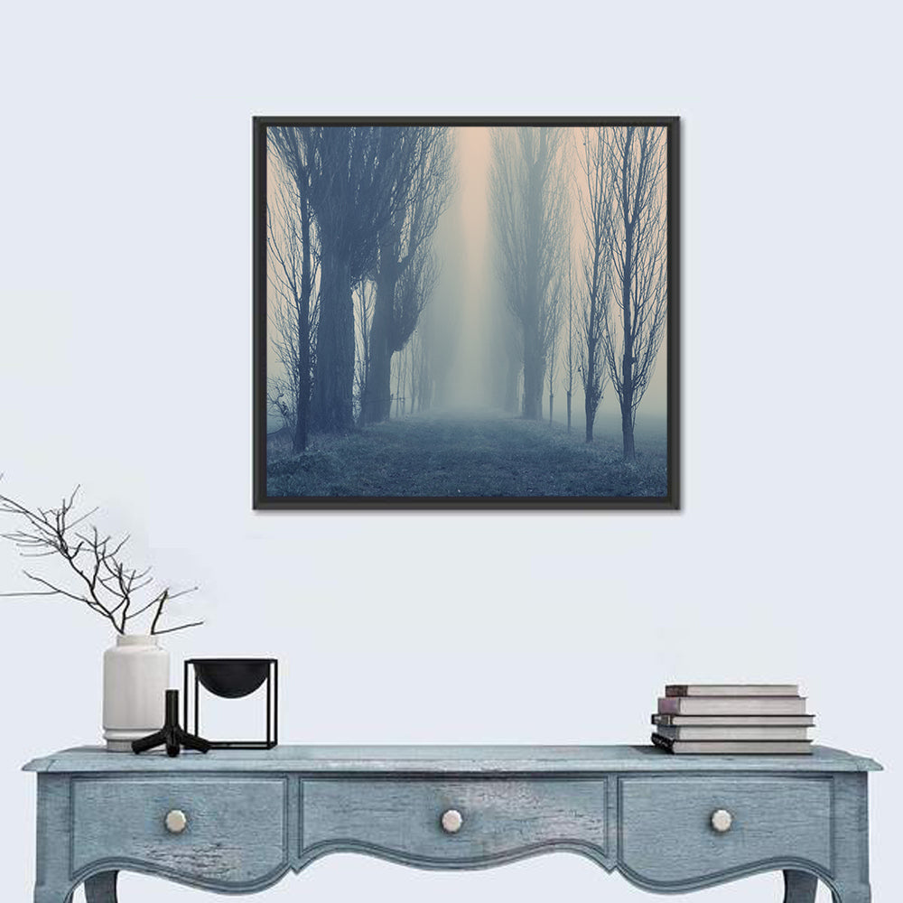 Misty Forest Pathway in Fog Wall Art in a room, square