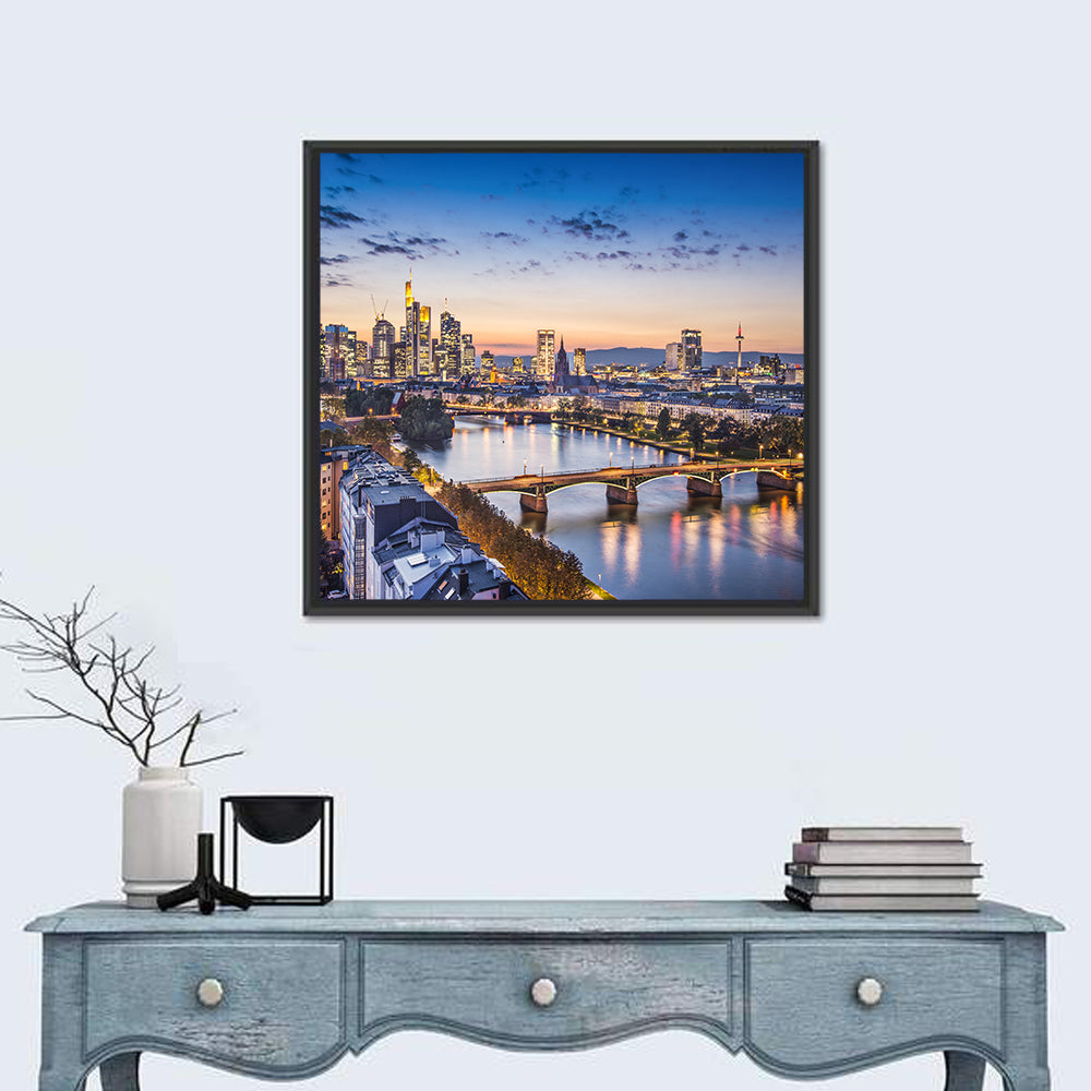 Frankfurt Twilight Skyline Wall Art in a room, square
