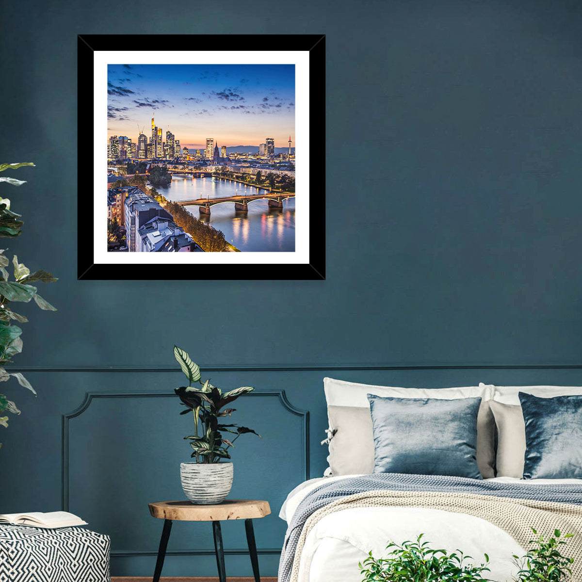 Frankfurt Twilight Skyline Wall Art in a room, square