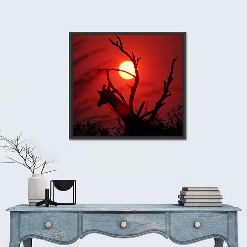 Giraffe Silhouette at Sunset Wall Art in a room, square