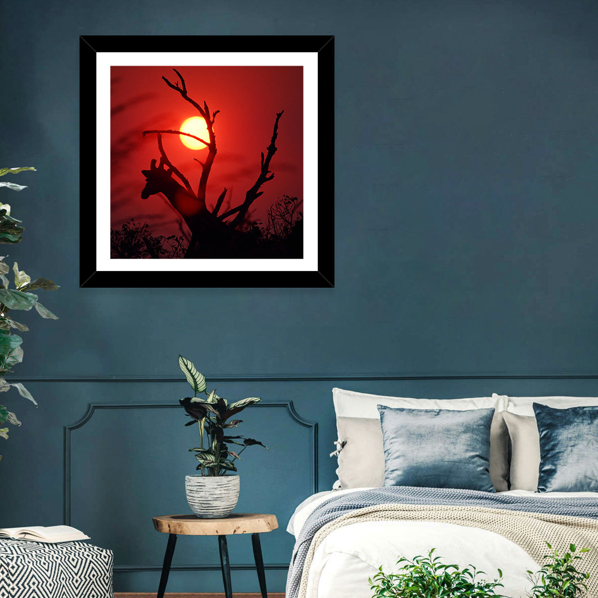Giraffe Silhouette at Sunset Wall Art in a room, square