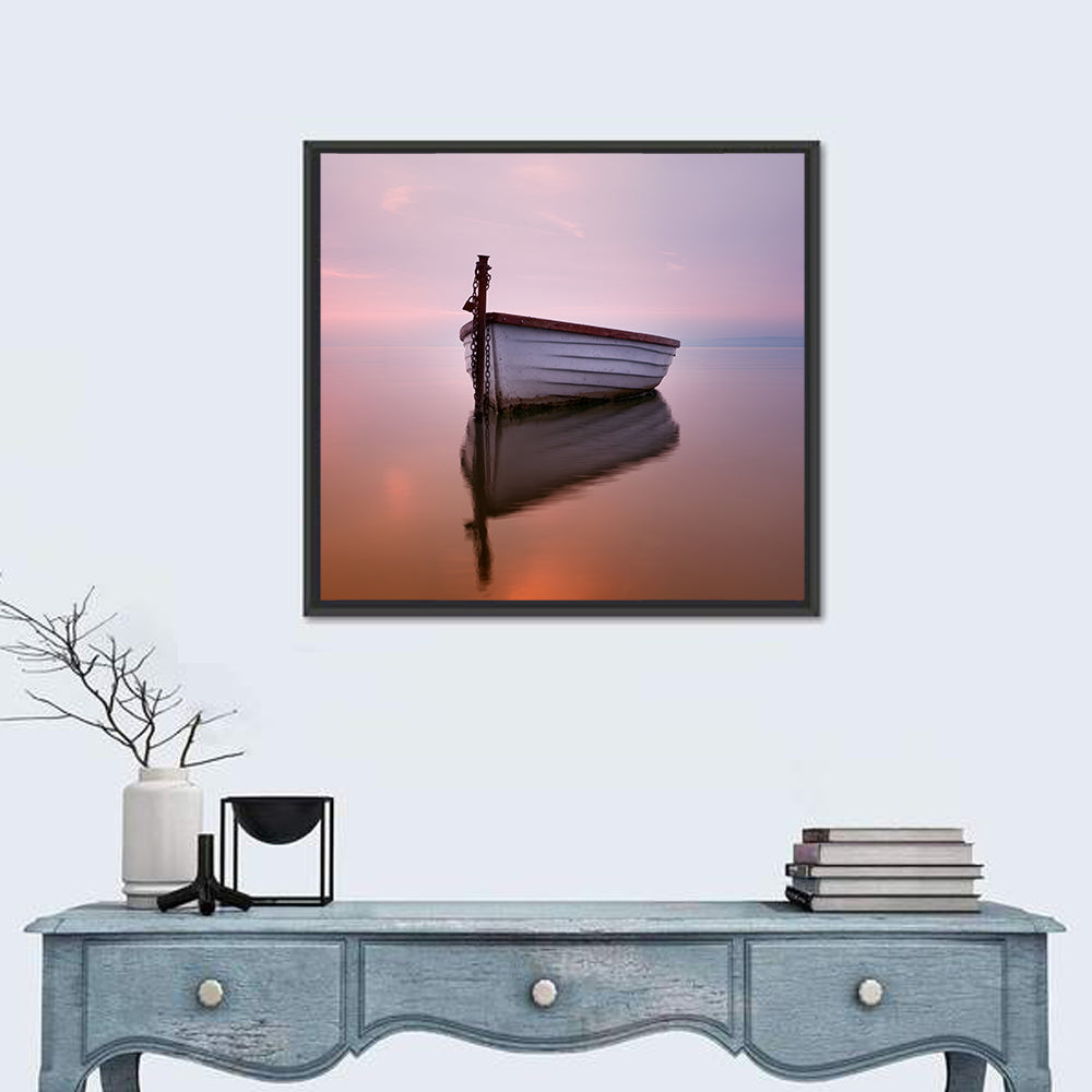 Pastel Boat Reflection Wall Art in a room, square