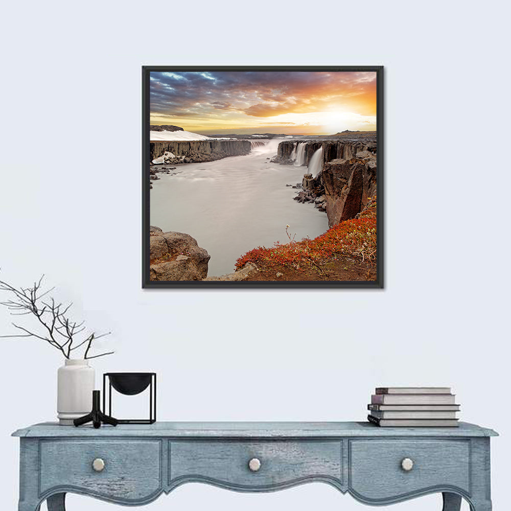 Selfoss Waterfall at Sunset Wall Art in a room, square