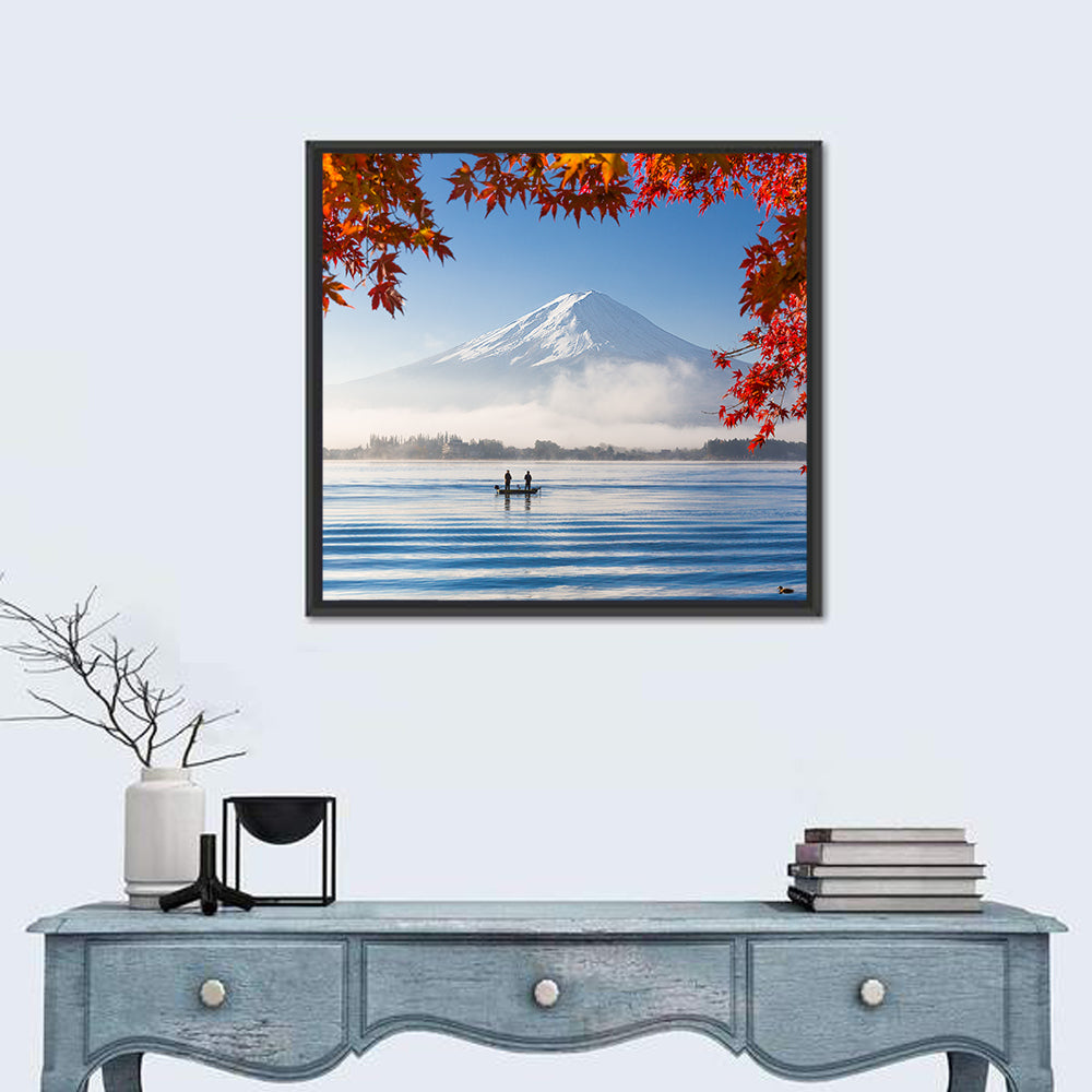 Mount Fuji Over Lake Kawaguchiko Wall Art in a room, square