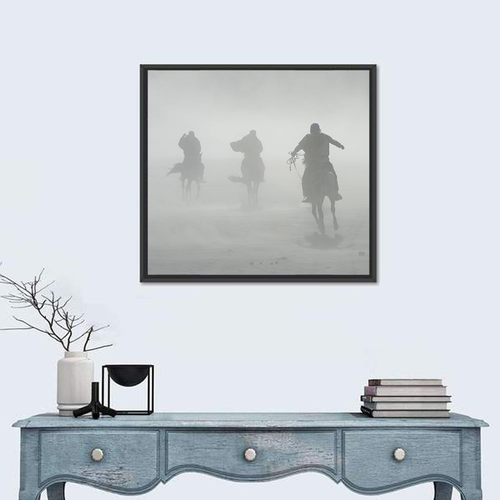 Silhouetted Horse Riders in Mist Wall Art