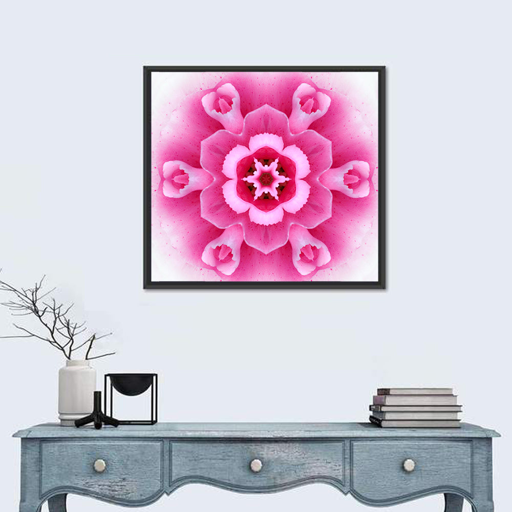 Pink Carnation Kaleidoscope Mandala Wall Art in a room, square