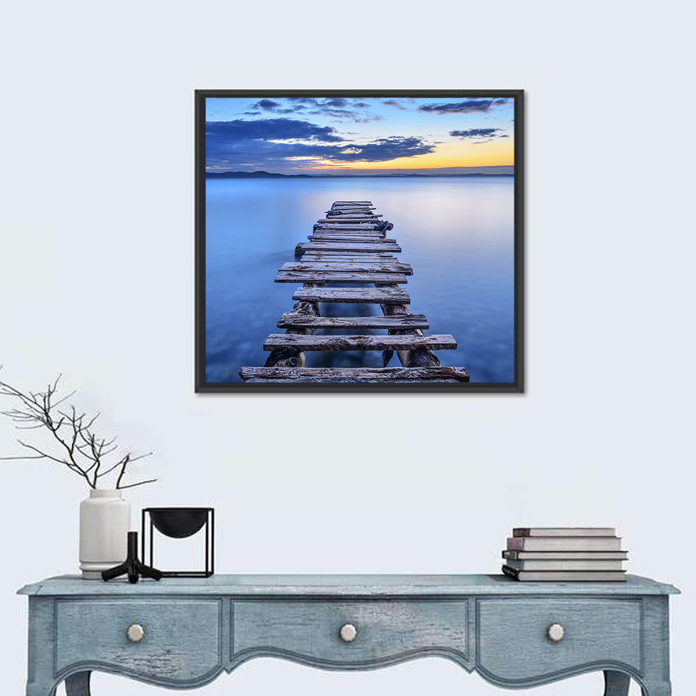 Weathered Lake Pier at Dusk Wall Art in a room, square