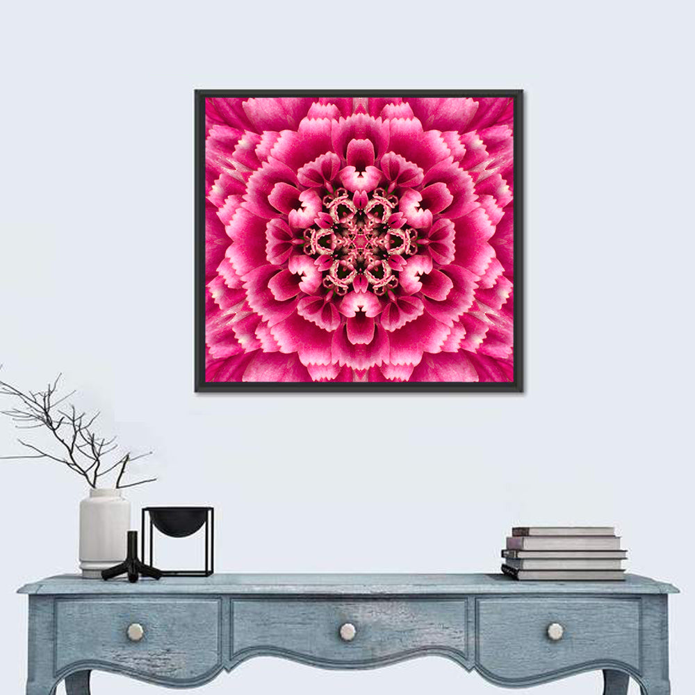 Kaleidoscopic Pink Chrysanthemum Mandala Wall Art in a room, square