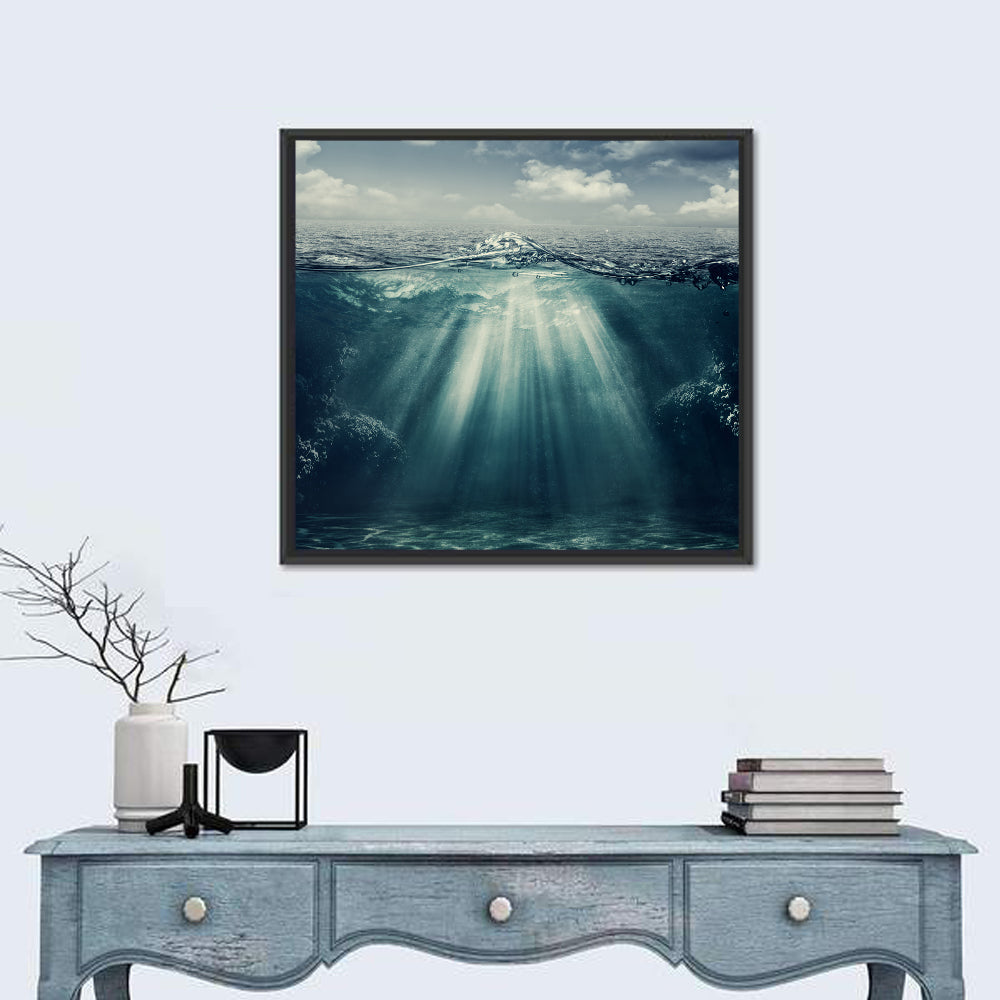 Split-level Underwater Ocean View Wall Art in a room, square