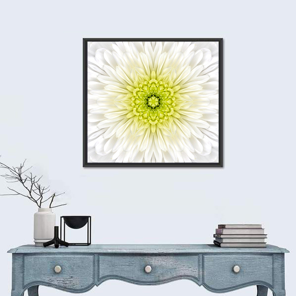 White Chrysanthemum Mandala Close Up Wall Art in a room, square