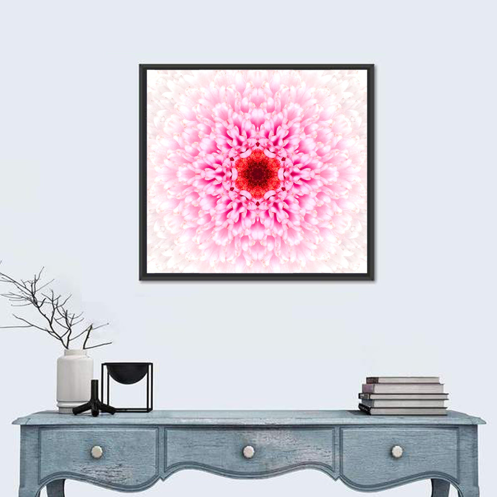 Pink Chrysanthemum Mandala with Deep Red Center Wall Art in a room, square