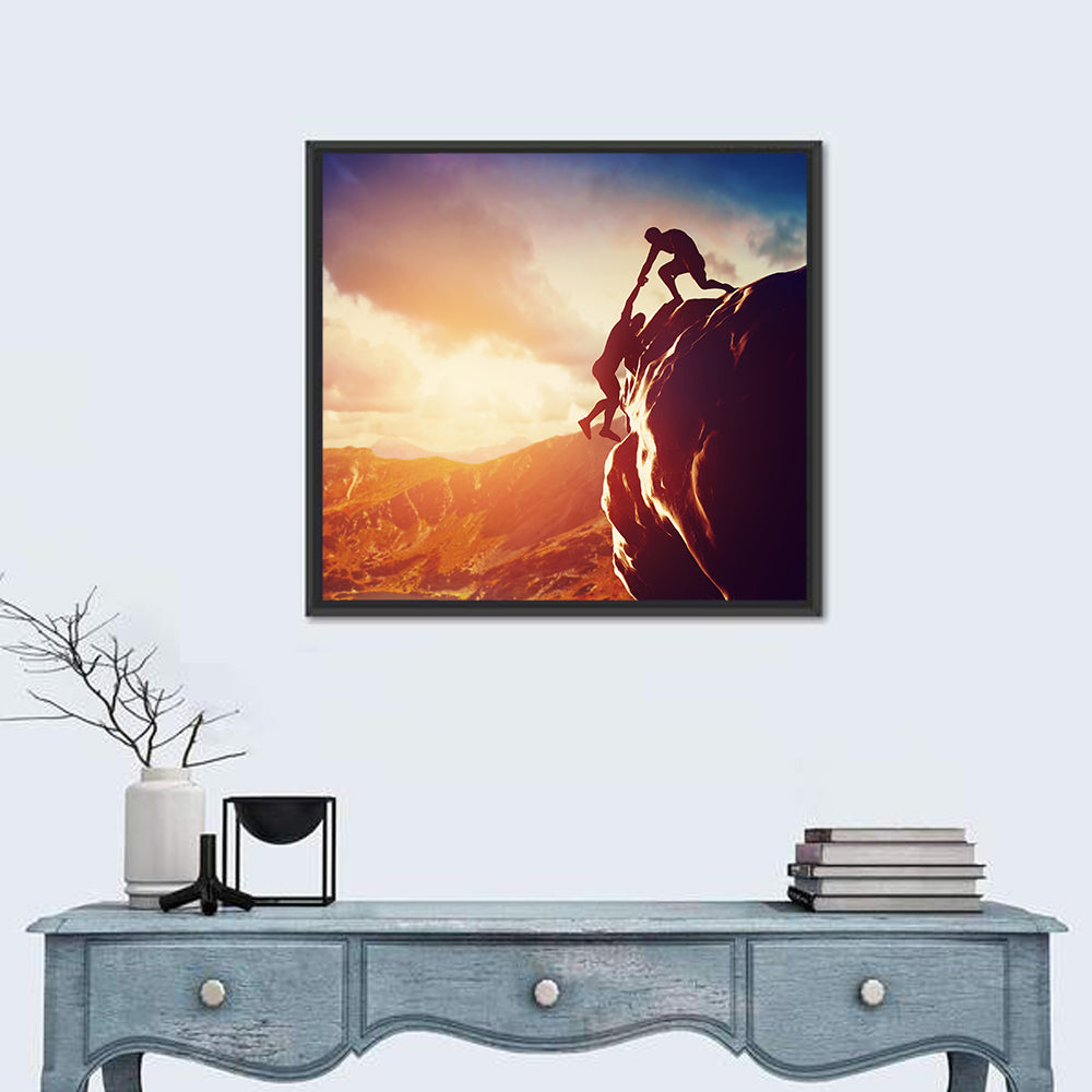 Two Hikers Summit Assist at Sunset Wall Art in a room, square