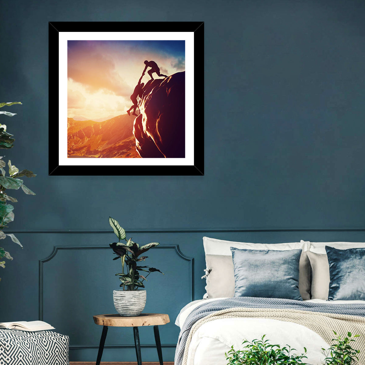 Two Hikers Summit Assist at Sunset Wall Art in a room, square