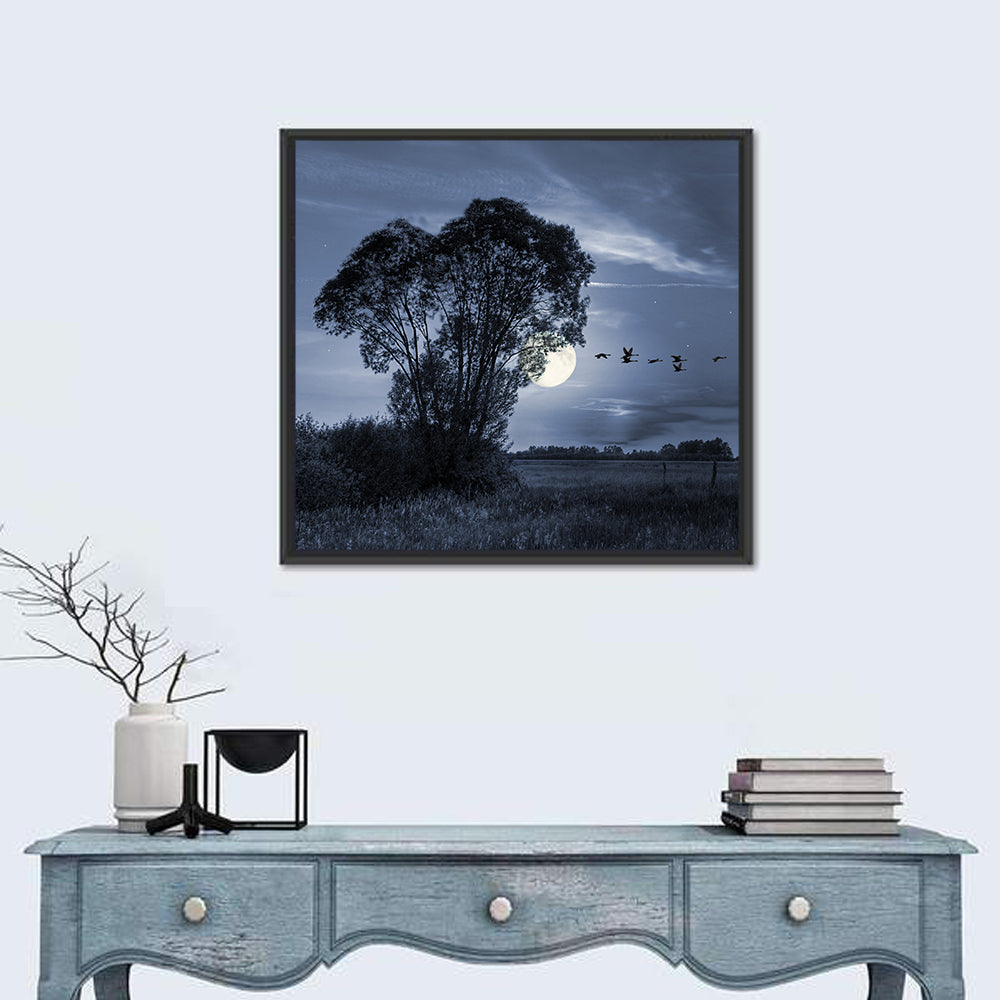 Moonlit Birds Over Quiet Field Wall Art in a room, square