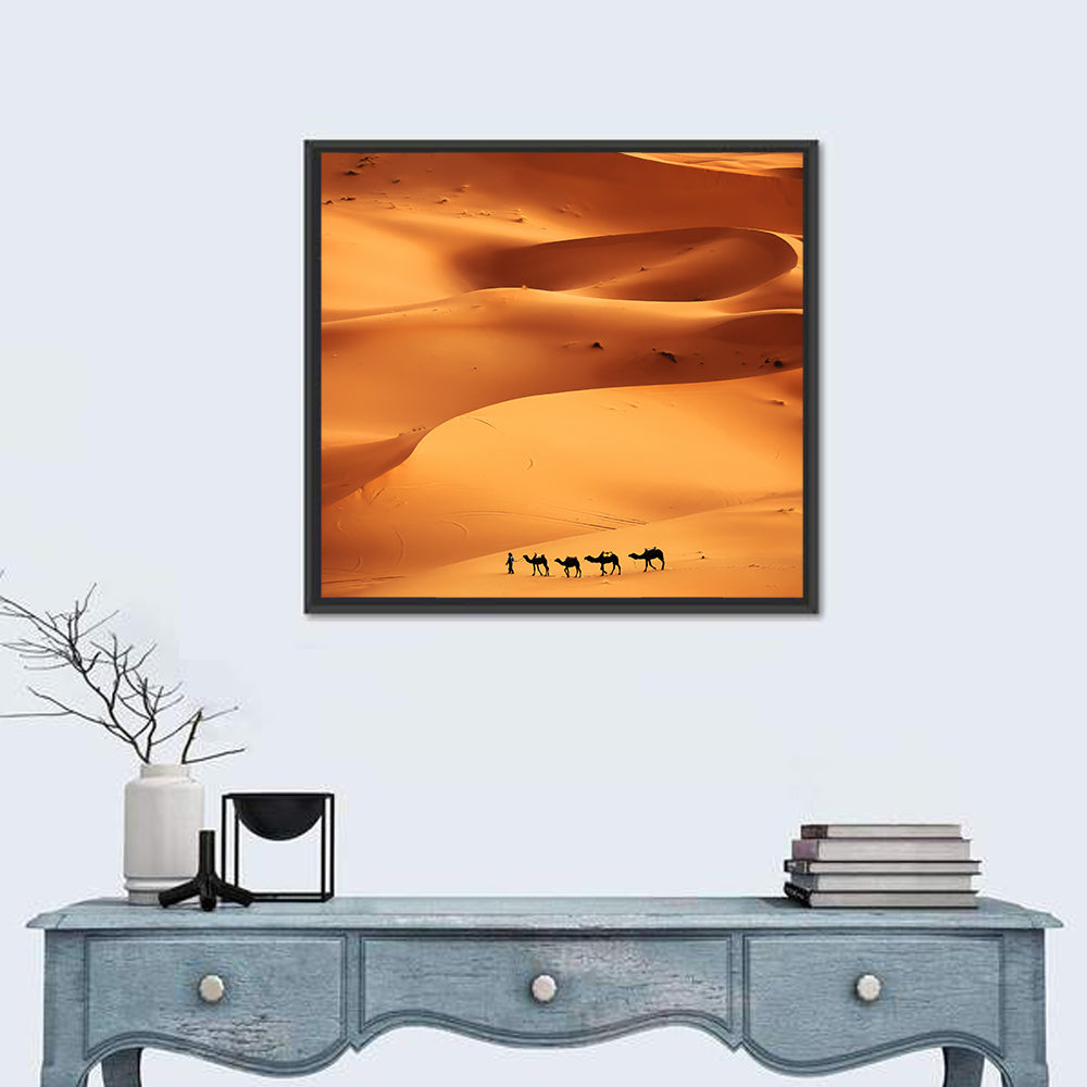 Desert Camel Caravan in Golden Dunes Wall Art in a room, square