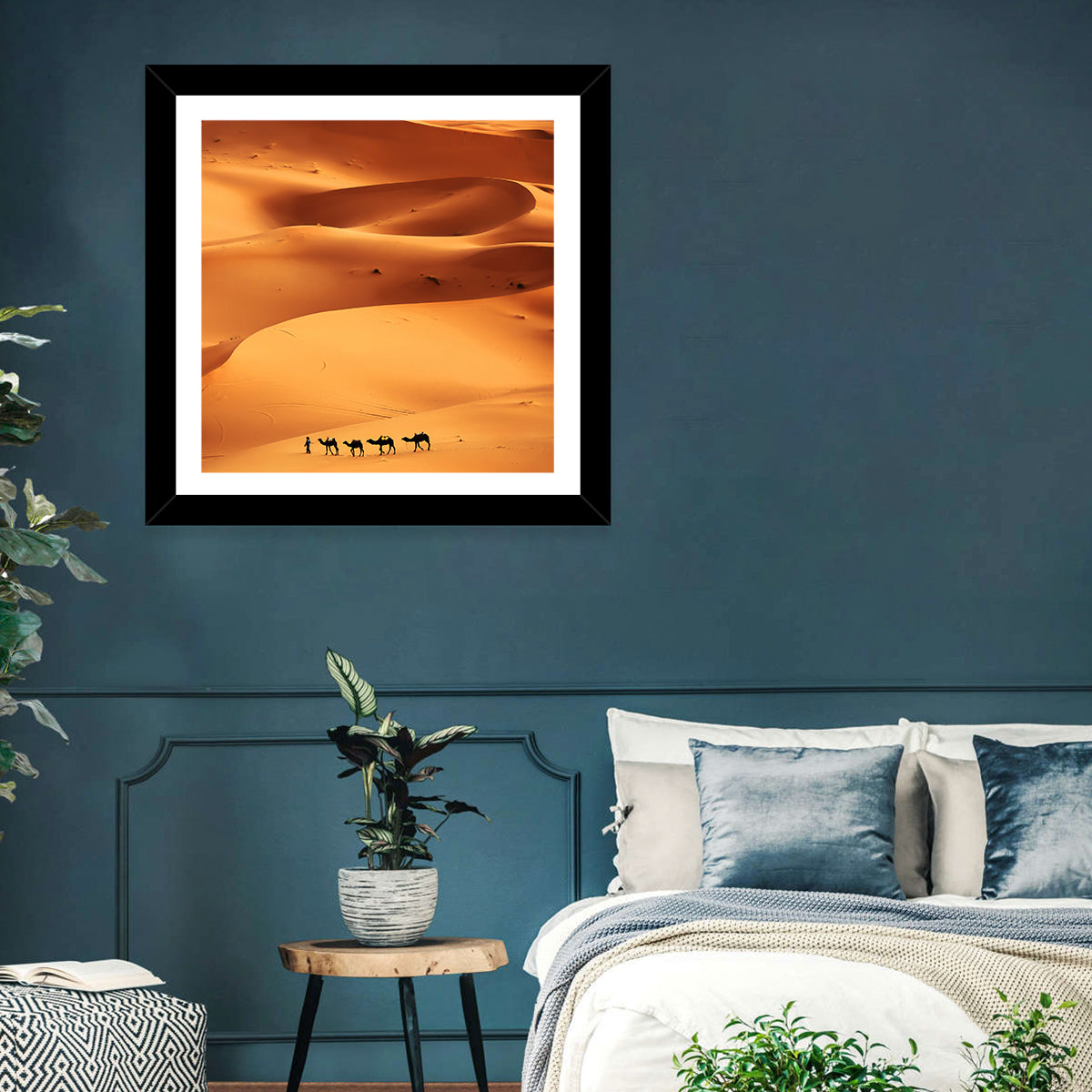 Desert Camel Caravan in Golden Dunes Wall Art in a room, square