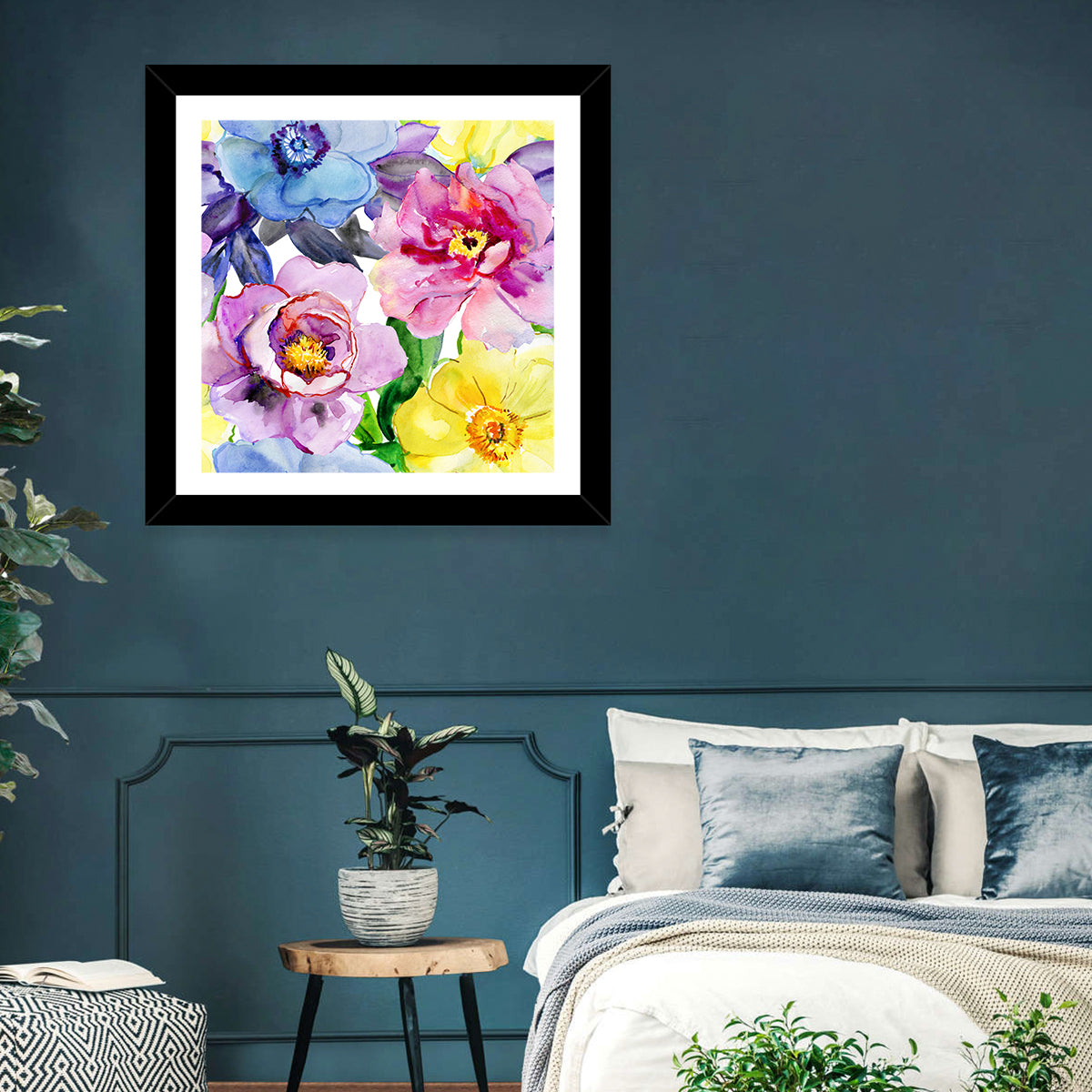 Vibrant Watercolor Floral Arrangement Wall Art in a room, square