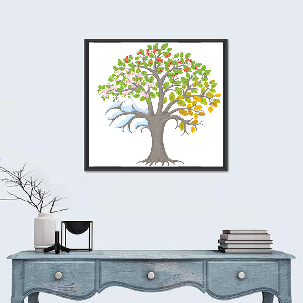 Four Seasons Apple Tree Illustration Wall Art in a room, square