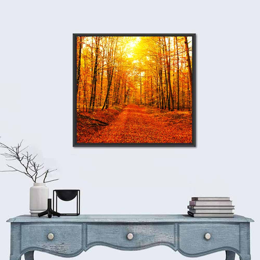 Golden Autumn Forest Path Wall Art in a room, square