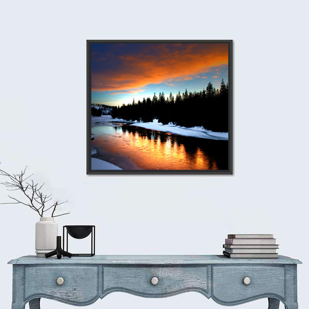 Golden Sunset Over Snowy River Wall Art in a room, square
