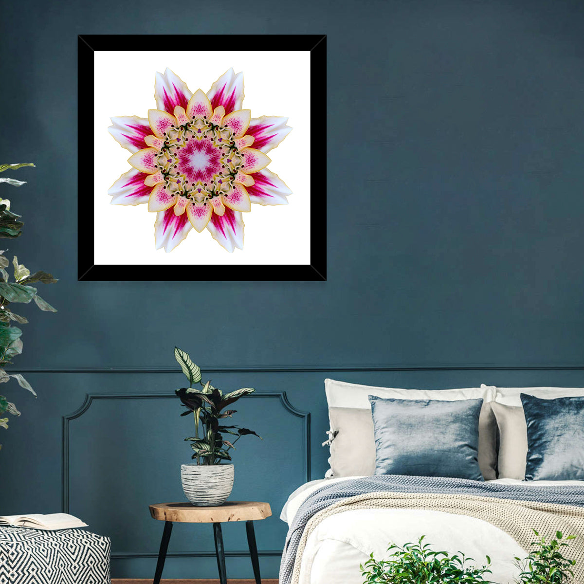 Pink Lily Star Mandala Pattern Wall Art in a room, square
