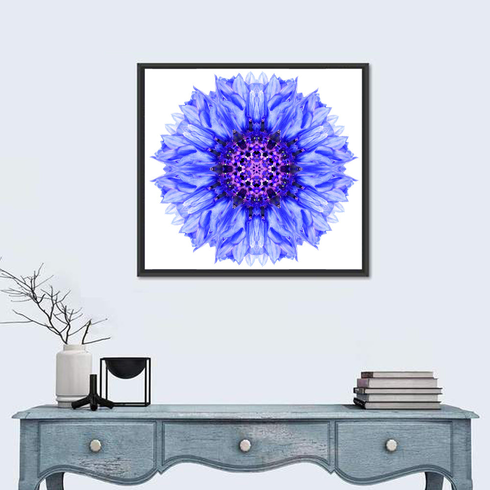 Cornflower Mandala with Dark Violet Center Wall Art in a room, square