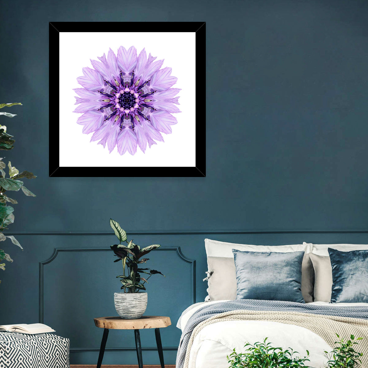 Lavender Cornflower Mandala Wall Art in a room, square