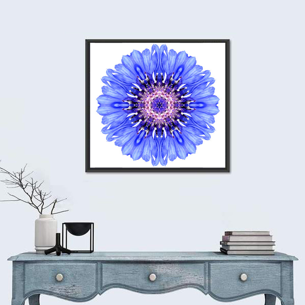 Blue Cornflower Mandala Pattern Wall Art in a room, square