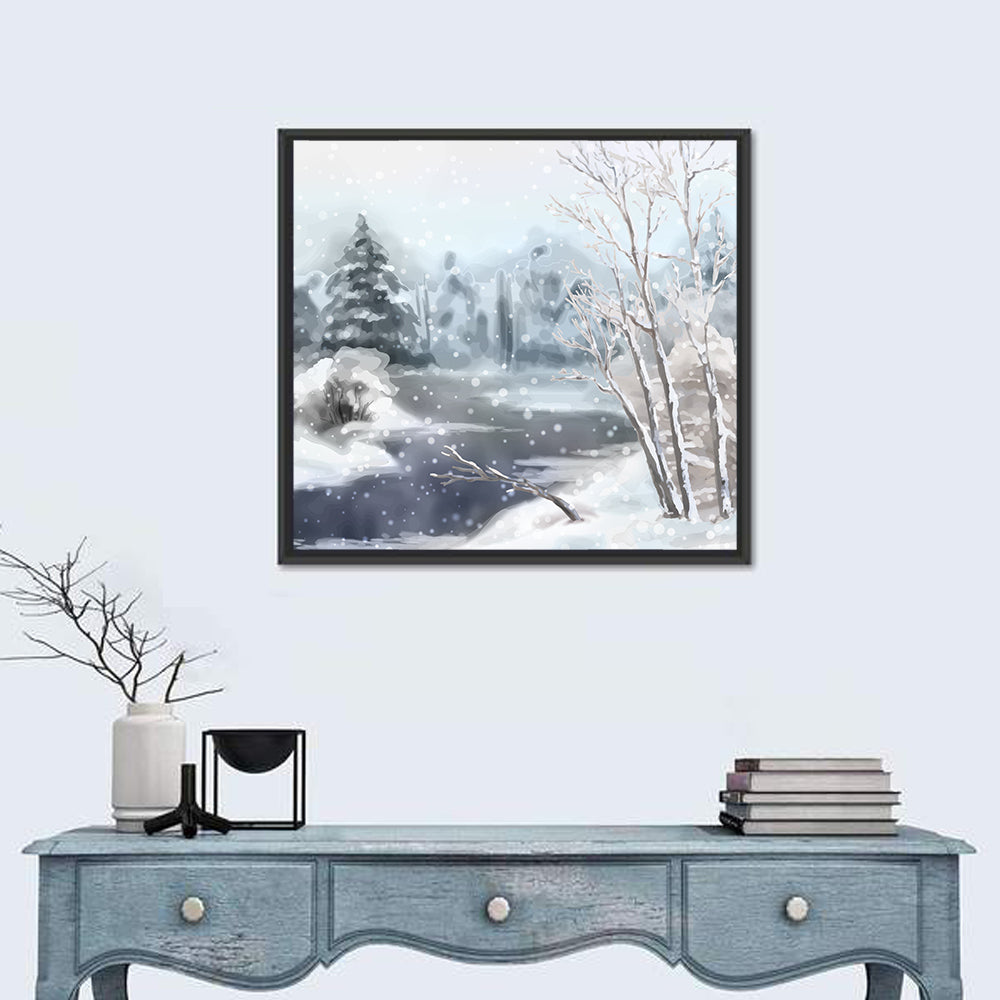 Snowy Stream in Winter Forest Wall Art