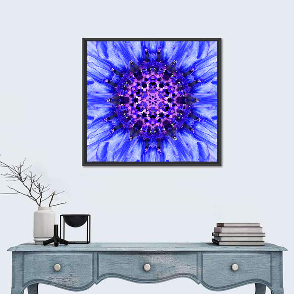 Kaleidoscopic Cornflower Mandala Wall Art in a room, square