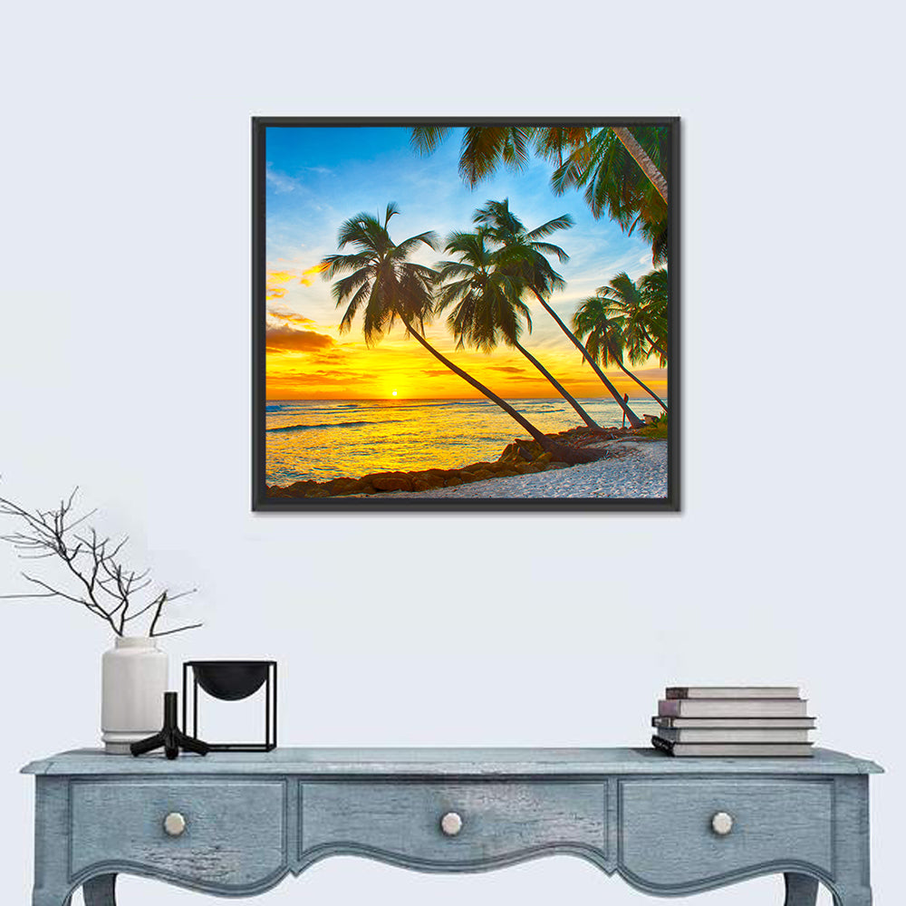 Palm Island Sunset Wall Art in a room, square