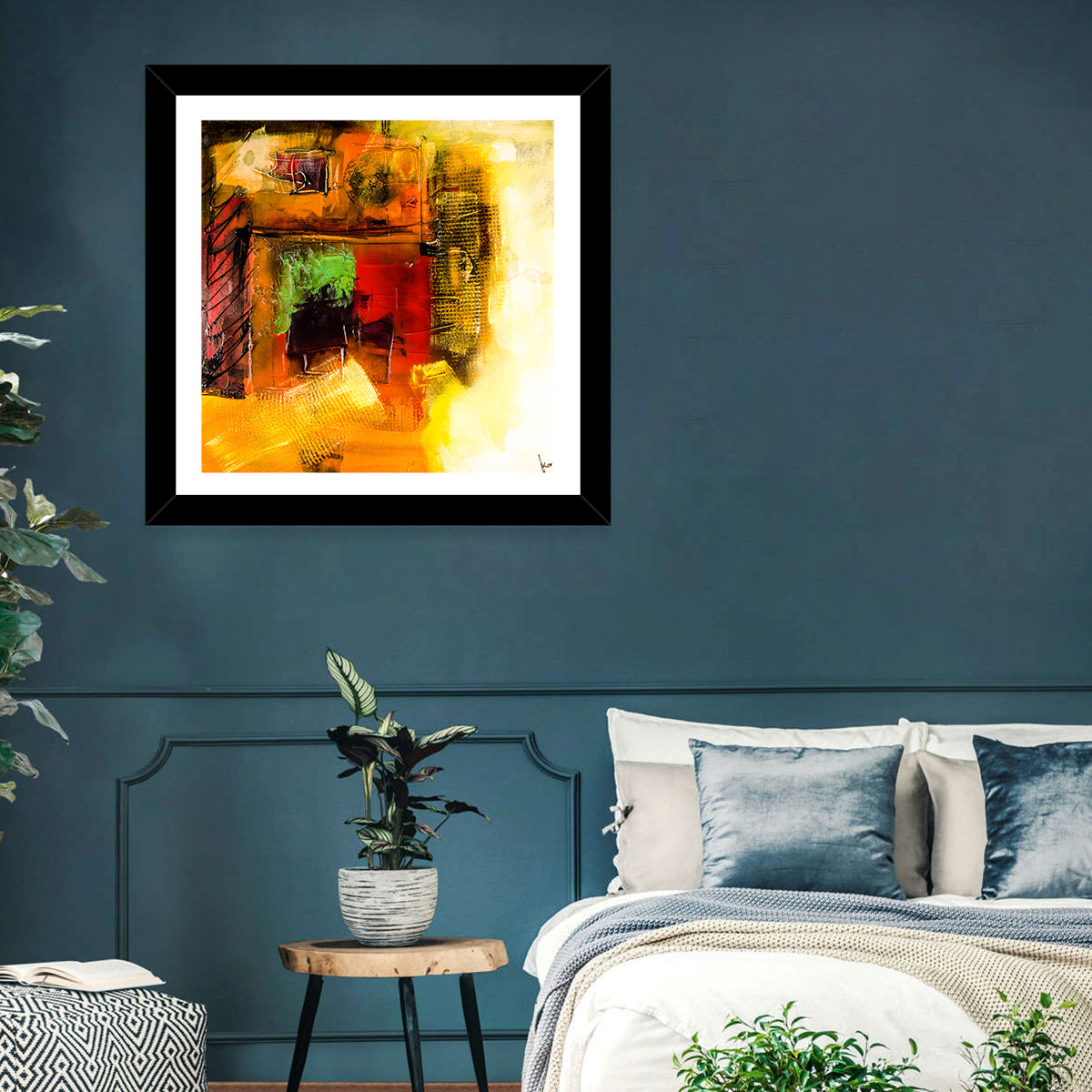 Layered Geometric Abstract in Warm Tones Wall Art in a room, square